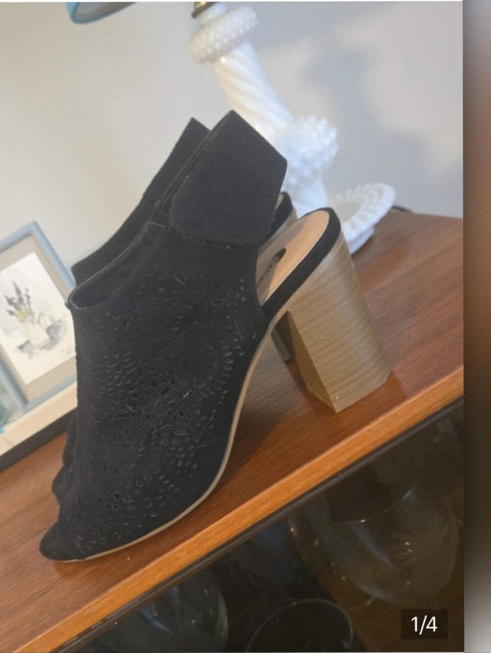 Black Laser-Cut Open-Toe Block Heel Shes Size 7